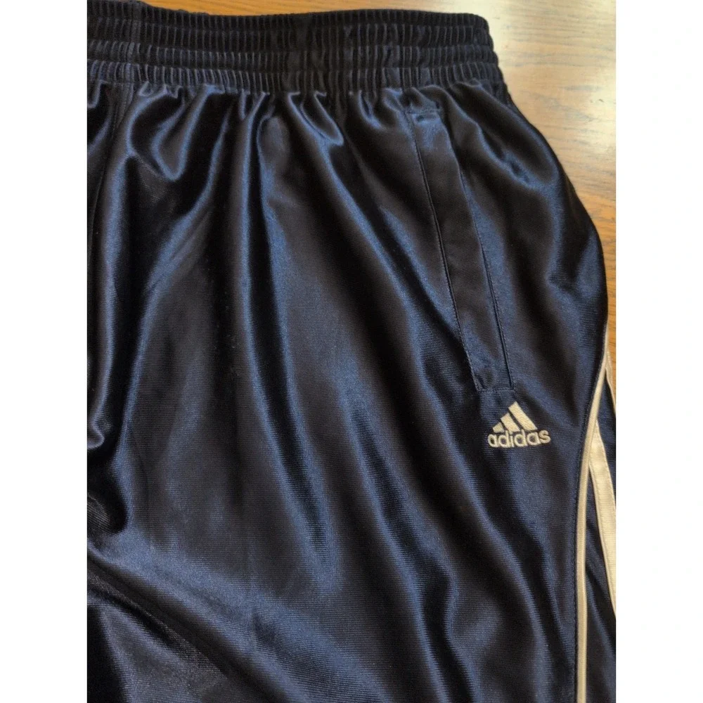 Y2K Adidas Shiny Loose Track Pants Mens 2XL Blue Elastic Waist 3 Stripe Pockets